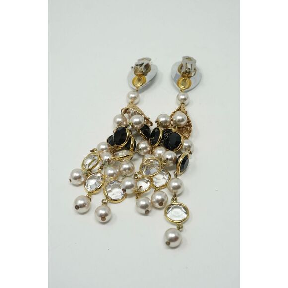 Vintage Rhinestone Gold Tone Clip-on 80s Earrings LONG Pearls Crystal - Picture 3 of 3